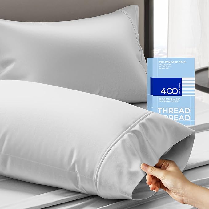 THREAD SPREAD 100% Cotton Pillow Cases Queen Size Set of 2 - Luxury 400 Thread Count Queen Pillow Cases (Silver), Soft Cooling Breathable Hotel Quality Cotton Pillowcases, Fits Standard Pillows