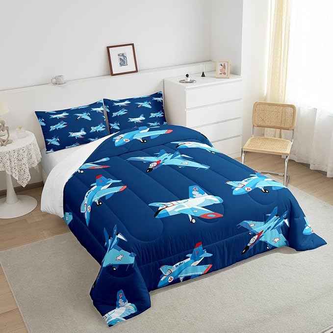 Castle Fairy Kids Aircraft Comforter King Size,Cartoon Transportation Vehicles Comforter Set Bedding Set for Kids Adults,Boys Airplane Navy Blue Duvet Set Ultra Soft Room Decor 3Pcs Quilt Set