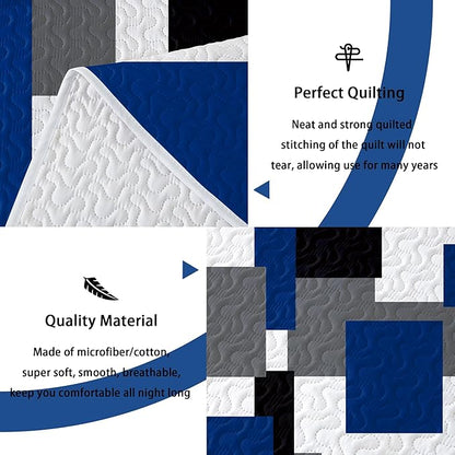 3 Piece Blue White Grey Quilt Set King Size Black White Geometric Reversible Bedding Set Microfiber Lightweight Bedspread Coverlet with 2 Shams Modern Bed Covers for All Season, 106''x96''
