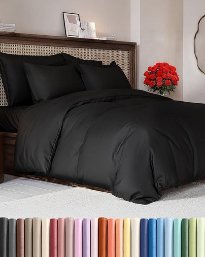 Duvet Cover Full Size Set - Extra Soft Full Duvet Cover 80" x 90" with 2 Pillow Shams - Hotel Luxury, Easy Care and Fade Free w/ Zipper Closures & Ties - All Season, Comfy, Cozy & Breathable (Black)