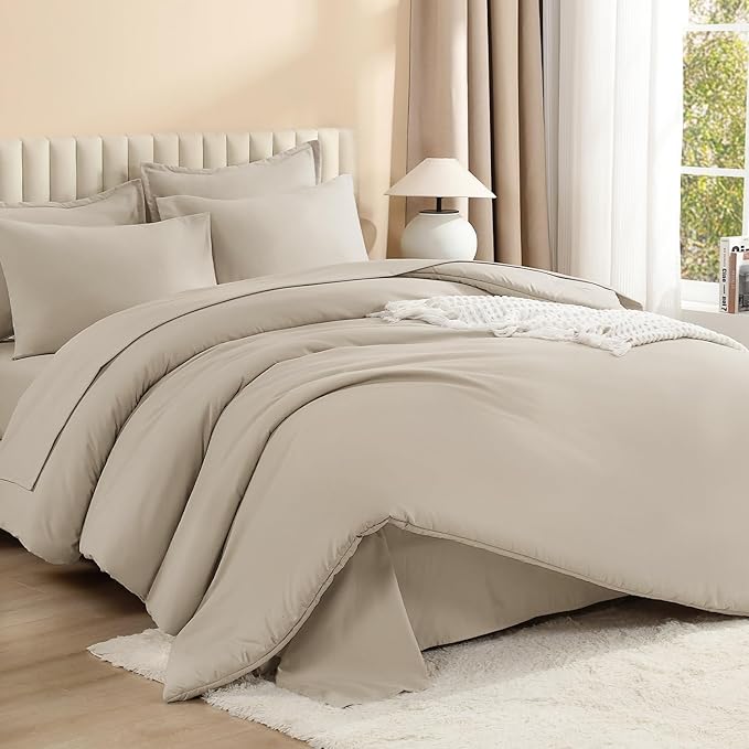 Litanika Twin/Twin XL Size Comforter Set Oatmeal - 5 Pieces Bed in a Bag Twin/Twin XL Bedding Comforter Sets, Solid Lightweight Bed Set with Comforter, Sheets, Pillowcase & Sham