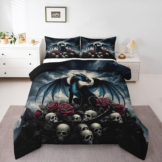 Feelyou Dragon Bedding Set Soft for Boys Girls,Dragon Stuff Comforter Set Queen Size Wild Life Duvet Quilt Microfiber Magic Wildlife Bedroom Decor Blackish 3 Pcs with 2 Pillow Cases