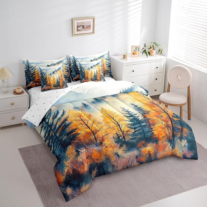 Erosebridal Pine Tree Forest Bed in A Bag Twin 7 Piece Mountain Mist Landscape Bedding Set Blue Gold Rustic Aesthetic Comforter Set with Sheets Watercolor Oil Painting Style Bed Set