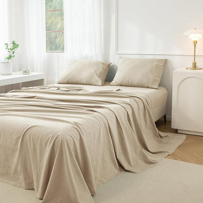JIYUAN Queen Size Sheet Set, 4-Piece - 100% Washed Cotton, Linen-Like Soft & Breathable, Includes Deep Pocket Fitted & Flat Sheet with 2 Pillowcases, Hotel Quality, Heathered Tan