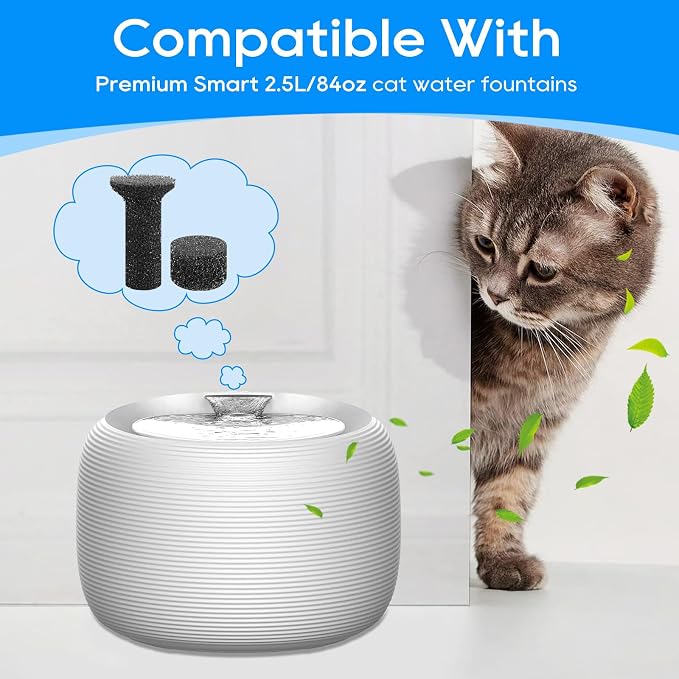 6 Sets Cat Water Fountain filters fit for Premium Smart 2.5L/84oz | Premium Smart 2.5L/84oz Fountain Replacement Foam Filters/Sponge Mufflers Cat Pet Dog Water Fountain for Drinking