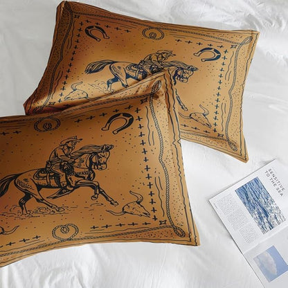 Comforter Set Queen Size, Western Cowboy Retro 7 Pcs Bedding for Kids and Adults, Vintage Horse Animal Bed Sheet Sets with Fitted Sheet 2 Pillowcases & 2 Shams for Bedroom Bed Decor