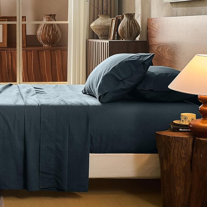 100% Linen Sheet Set Queen Size Extra Deep Pocket Fits 18-24 Inch Mattress, Breathable & Soft, Smooth 4-Piece Set for Thick Mattresses Hotel Luxury Bedding（Queen, Navy Grey）