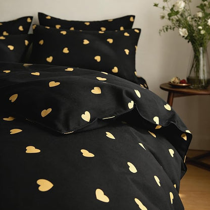 Heart Comforter Set Queen 3 Pieces Black Gold Love Heart Bedding Set for Girls Boys Modern Aesthetic Comforter with 2 Pillowcases, Lightweight Soft 100% Microfiber