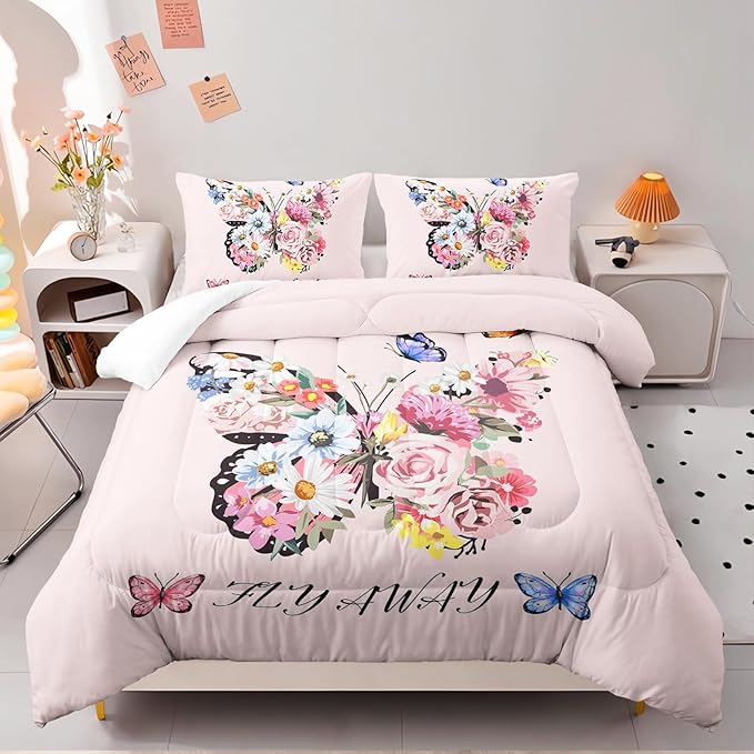 Pink Floral Butterfly Tower Comforter Set Full Girl Butterfly Bedding Sets 3PCS for Kids Teen Adult Girl Room Decor Ultra-Soft Lightweight Microfiber 1 Comforter with 2 Pillowcases