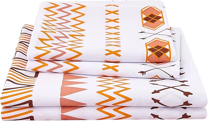 JSD Geometric Printed Sheet Set King, 4 Piece Soft Orange Pattern Microfiber Sheets Extra Deep Pocket