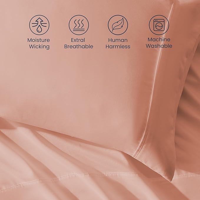 SLEEP ZONE Nanotex Super Soft Cooling Queen Bed Sheets Set 4 Piece - Easy Care Fitted Flat Sheet & Pillowcase Sets - Wrinkle Free, Fade Resistant, Deep Pocket 16" (Dull Pink, Queen)