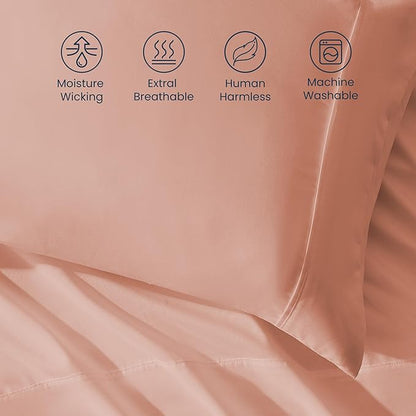 SLEEP ZONE Nanotex Super Soft Cooling Twin Bed Sheets Set for Kids 3 Piece - Easy Care Fitted Flat Sheet & Pillowcase Sets - Wrinkle Free, Fade Resistant, Deep Pocket 16" (Dull Pink, Twin)