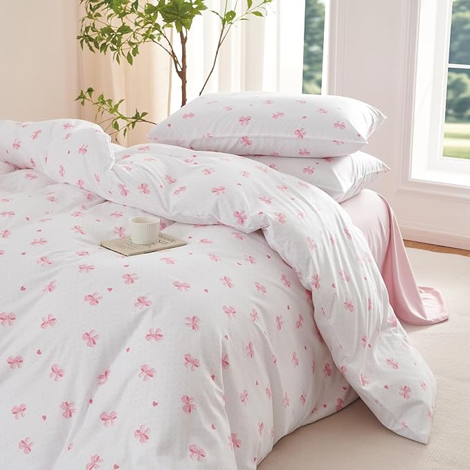 Nayoroom Pink Bow Comforter Set Twin Size Heart Bowknot Printed Cute Comforter 2 Pieces Soft Lightweight Kids Girls Dorm Bedding Set for All Seasons