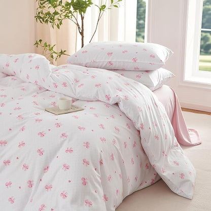 Nayoroom Pink Bow Comforter Set Twin Size Heart Bowknot Printed Cute Comforter 2 Pieces Soft Lightweight Kids Girls Dorm Bedding Set for All Seasons