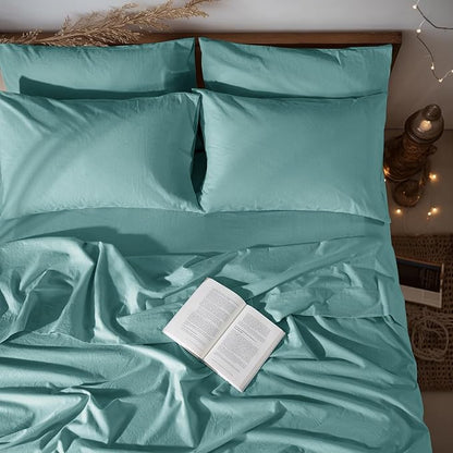 LBRO2M 100% Pure Linen Sheet Set Deep Pocket Up to 16" Bed Sheets Sets, Natural Flax Beddings Soft, Breathable, Comfortable for All Seasons 6 Pcs Sheet Set King Size, Aqua