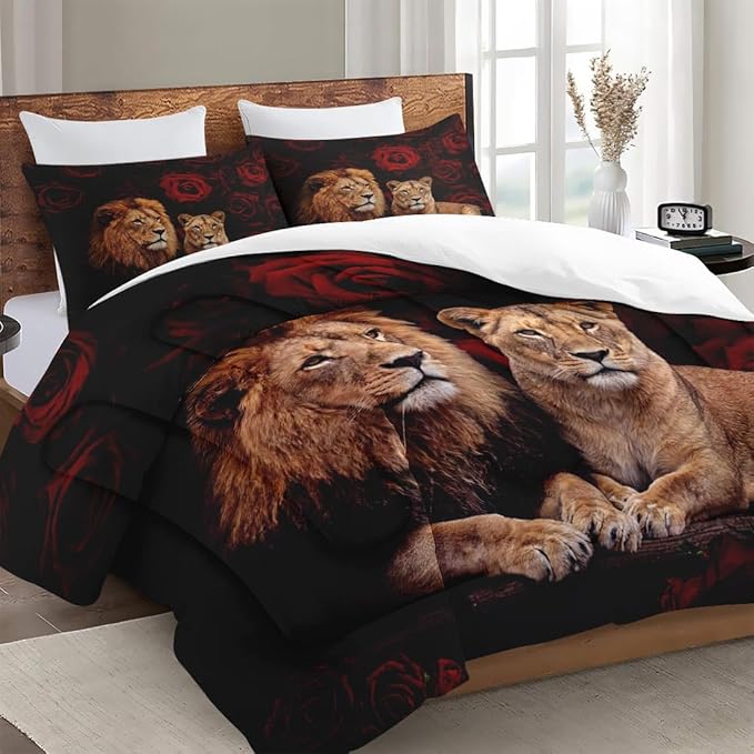 King Size Comforter Set with 2 Pillowcases, Lion Family Soft 3 Pcs Bedding for Kids and Adults Bedroom Bed Decor