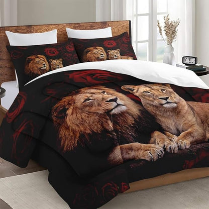 Queen Size Comforter Set with 2 Pillowcases, Lion Family Soft 3 Pcs Bedding for Kids and Adults Bedroom Bed Decor