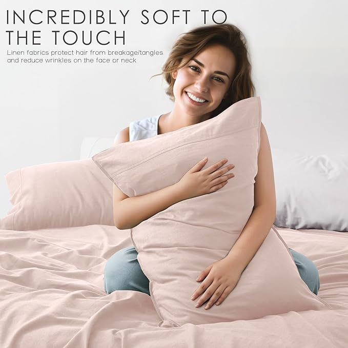 4Pcs Organic Linen Sheets King Size, 100% French Linen from Normandy, Breathable Pink King Sheet Set with 16 Inch Deep Pocket, 1 Flat Sheet, 1 Fitted Sheet, 2 Pillowcases