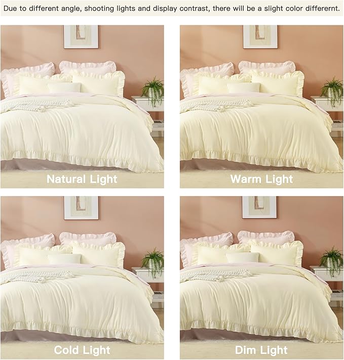Litanika Cream King Size Comforter Set, 3 Pieces Ruffle Farmhouse Aesthetic Bedding Comforter Set, All Season Soft Lightweight Fluffy Microfiber Bed Set(104x90In Comforter, 2 Pillowcases)