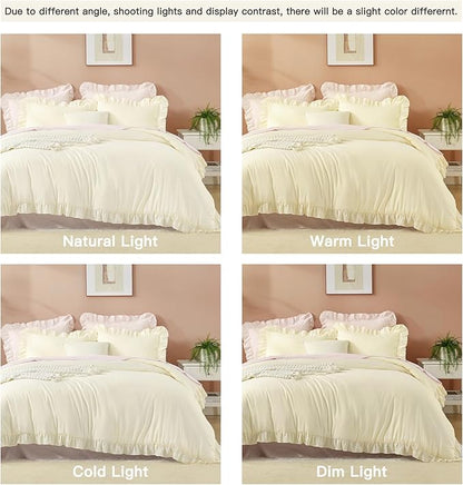 Litanika Cream King Size Comforter Set, 3 Pieces Ruffle Farmhouse Aesthetic Bedding Comforter Set, All Season Soft Lightweight Fluffy Microfiber Bed Set(104x90In Comforter, 2 Pillowcases)