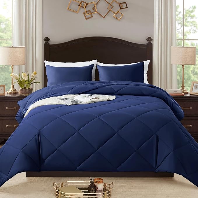 3-Piece Queen Comforter Set,All-Season,Soft & Hypoallergenic &Breathable Bedding,Polyester Quilted,Down Alternative(Comforter*1 & Pillowcases*2),Dark Blue
