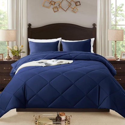 3-Piece Queen Comforter Set,All-Season,Soft & Hypoallergenic &Breathable Bedding,Polyester Quilted,Down Alternative(Comforter*1 & Pillowcases*2),Dark Blue