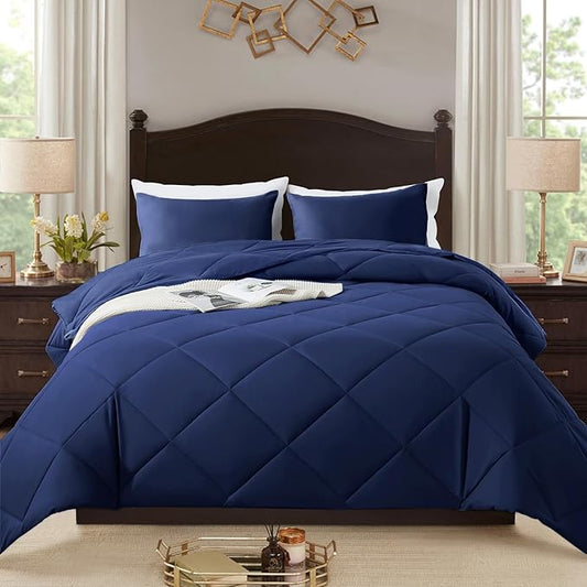 3-Piece King Comforter Set,All-Season,Soft & Hypoallergenic &Breathable Bedding,Polyester Quilted,Down Alternative(Comforter*1 & Pillowcases*2),Dark Blue