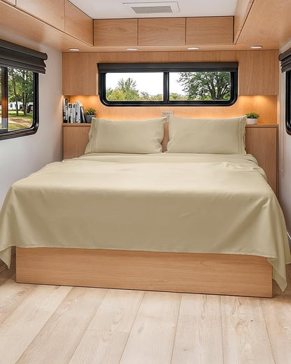 RV Short Queen Sheet Set 60 X 75 - 4 Piece RV Short Queen Bed Sheets - Soft, Breathable & Cooling - Designed for Bunks, Trailers and Campers - Fits 8” to 12" Mattress - Hotel Luxury Bedding - Beige