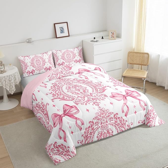 Feelyou Girls Pink Bowknot Comforter Set Full Size Gothic Damask Comforter Victorian-Themed Bedding Set Baroque Duvet Set Vintage Floral Quilt Set 3Pcs