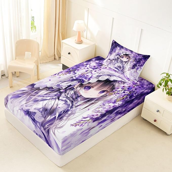 Erosebridal Lilac Flower Girl Fitted Sheet for Boys Girls Kids Purple Spring Floral Twin Bed Sheets,Anime Girl Sheets Cartoon Anime Gift Bedding Sets, No Top Sheet