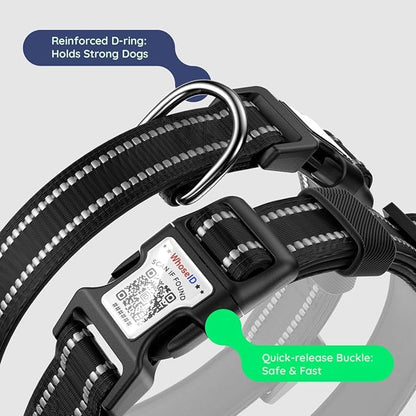Airtag Dog Collar, Reflective Ultra-Durable Nylon Padded with QR Buckle & IP68 Waterproof Air Tag Holder Compatible for Apple AirTag, Comfortable for Small Medium Large Dogs (Black, XL)