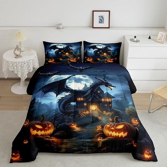 Halloween Dragon Comforter Set King Size,Pumpkin Wooden Cabin Bedding Set for Kids Boys Girls Room Decor,Moonlight Bat Wild Animal Duvet Insert 3Pcs,Western Magical Dragon Quilt Set,2 Pillowcases