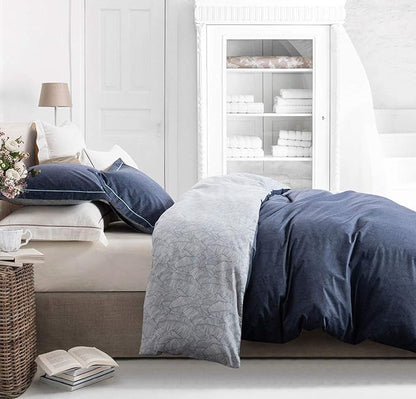 SLEEPBELLA Duvet Cover Twin Size, 600 Thread Count Cotton Navy & Grey Printed with Luxurious Blue Leaves Pattern Reversible Botanical Comforter Cover Sets, Bedding Set 2Pcs (Twin, Navy-Blue Leaves)