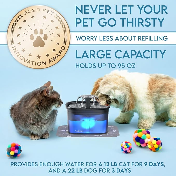 Veken Innovation Award Winner 95oz/2.8L Cat Water Fountain | Automatic Pet Fountain Dog Water Dispenser with Replacement Filters & Silicone Mat for Cats, Dogs (Space Black)