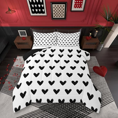 Love Comforter Set King White and Black Heart Pattern Bedding for Women Men Teens Valentine Day Gift Down Comforter Cartoon Love Heart Quilted Duvet Geometric Soft Warm Bedding Sets Bedroom Decor
