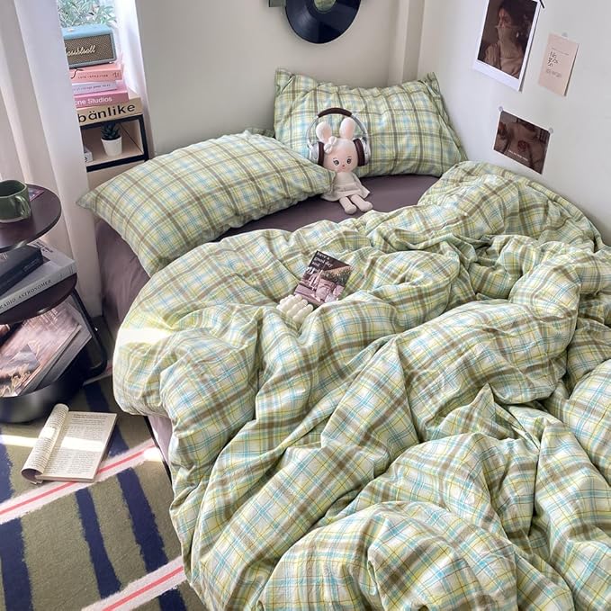 EAVD Multicolor Buffalo Plaid Duvet Cover Queen Soft 100% Washed Cotton Reversible Grid Checkered Plaid Bedding Set Vintage Gingham Duvet Cover with 2 Pillowcases Modern Checkered Bedding Set