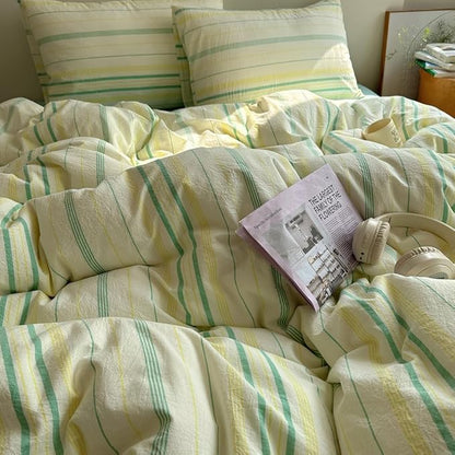 EAVD Retro Striped Duvet Cover Set Queen Size Soft 100% Cotton Vintage Yellow Green Stripes Pattern Bedding Set with 2 Pillowcases Reversible Farmhouse Geometric Printed Duvet Cover with Zipper