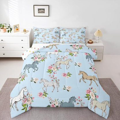 Horse Quilt Queen Size, Farmhouse Western Cowboy Cowgirls Duvet Insert for Kids Boys Girls Teens, Cartoon Kawaii Horse Bedding Set, Rustic Rose Floral Comforter Set + 2 Pillow Cases