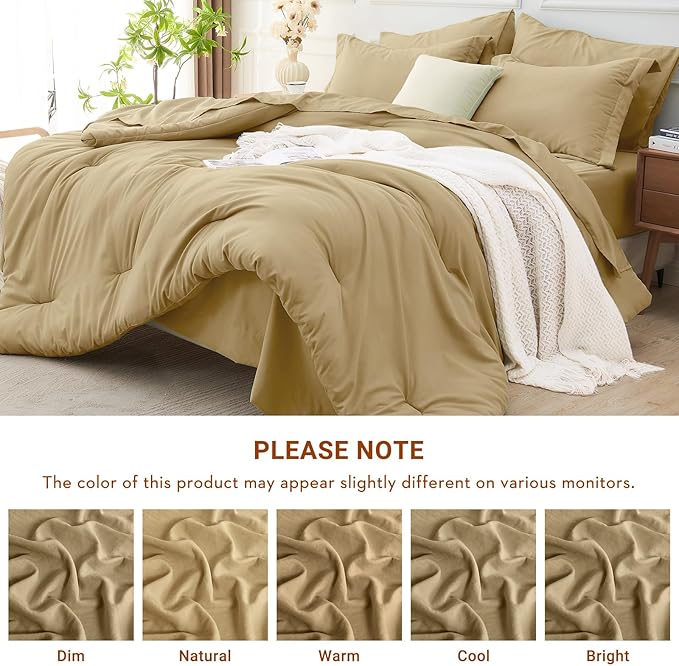 MUXHOMO 7 Pieces Queen Comforter Set, Soft Bed in a Bag Queen Size, All Season Bedding Set with Comforter, Flat Sheet, Fitted Sheet, Pillowcases & Shams, Khaki