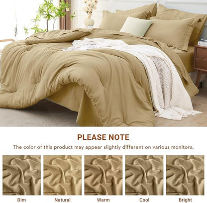 MUXHOMO 7 Pieces Queen Comforter Set, Soft Bed in a Bag Queen Size, All Season Bedding Set with Comforter, Flat Sheet, Fitted Sheet, Pillowcases & Shams, Khaki