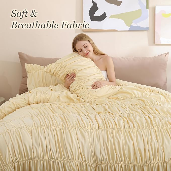 weigelia Cinched Comforter Set King – Soft Girl Ruched Bedding Set, 3PCS Light Yellow All-Season Fluffy Lightweight Comforter with Pillowcases for Bedroom, Apartment & Dorm Decor