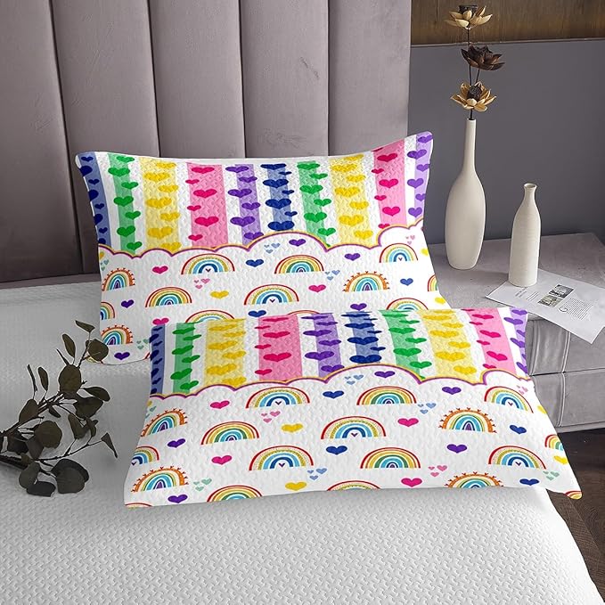 Manfei Cute Rainbow Kids Bedspread King Size,Watercolor Love Heart Dreamy Coverlet Set,Girls Women Room Decor,Colorful Geometric Stripes Patchwork Quilted Coverlet,Chic Bedding Quilt,2 Pillowcases