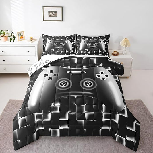 Erosebridal Gaming Comforter for Boys Teens Game Bedding Set for Kids Gamer Comforter Set for All Season Gamepad Room Decor Duvet Quilt King Size,1 Comforter with 2 Pillowcases Neon Black White Grey