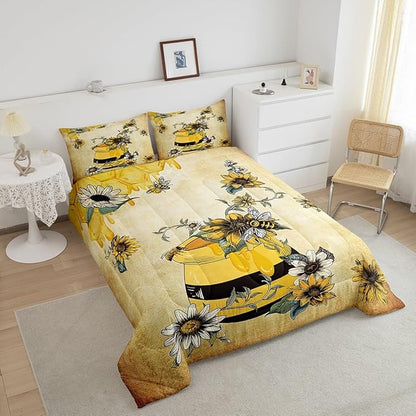 Erosebridal Yellow Bee Bedding Set,Sweet Honey Can Comforter Set for Teens Adult Women,Gerbera Floral Duvet Set 3Pcs with 2 Pillow Cases,Vintage Cartoon Microfiber Down Comforter,Full Size