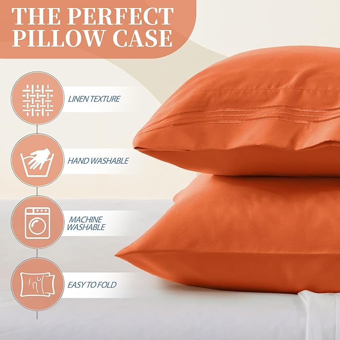 Vonty 2 Pack Standard Pillow Cases - 20x26 Inch, 1800 Thread Count Microfiber Pillowcases Standard Size Burnt Orange Pillow Cases Luxury & Soft Embroidered Bed Pillow Covers with Envelope Closure