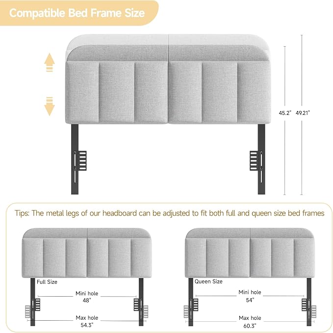 Adjustable Headboard for Full/Queen Size Bed Frame, Linen Fabric Bed Headboard with Storage & RGB LED Light in Modern Vertical Channel Design, Light Grey