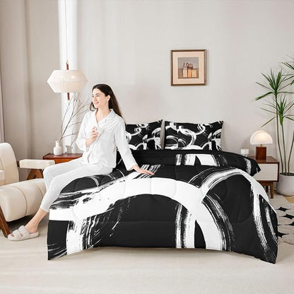 Erosebridal White and Black 7 Pcs Comforter Set Twin Abstract Line Minimalist Ink Painting Bedding Set for Kids Boys Girls Simple Graffiti Art Modern Geometric Sheet Set Boho Cool Unique Mens Quilt