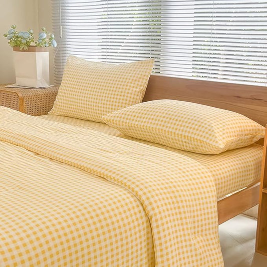 NSNLGSGC Twin Comforter Set, Yellow Gingham Bedding Sets, Yellow Grid Bed Comforter 2 Pieces (1 Comforter, 1 Pillowcase)