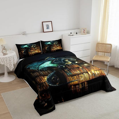Dragon Bed Comforter Set Queen Size,Castle Bookshelf Super Soft Microfiber Bedding Set for Adults Men,Mysterious Magical Theme Decorative Comforter Set,3 Pcs