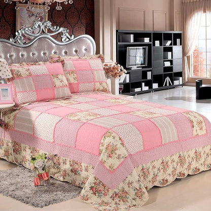 vctops 3 Piece Patchwork Floral Quilted Bedspread Quilt Set 100% Cotton Boho Ruffles Reversible Coverlet Set 1 Quilt and 2 Pillow Shams (Pink,Queen)